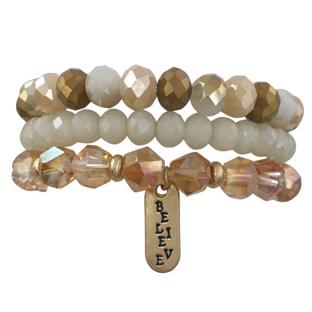 3 Row Layered Brown Tones Glass Beaded Believe Charm Stretch Bracelet Set